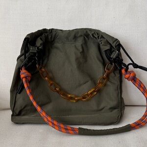 Rotunda Sant Hobo Olive Green Drawstring Bag with Orange Rope Handles